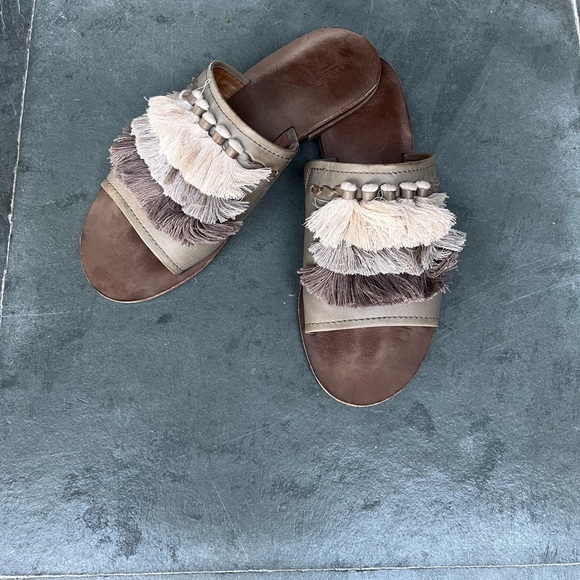 Frye Shoes - Frye Riley Gray Tassel Fringe Leather Sole Slides